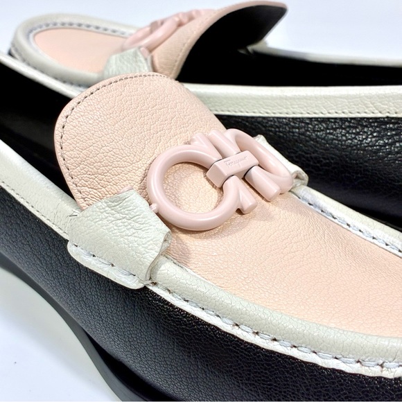 Salvatore Ferragamo Gancini Leather Colorblock Loafers 8.5 Black Pink Ivory NEW - Picture 12 of 17